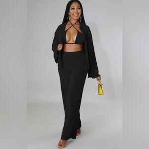 Isa Palazzo Set HolterStyle Tie Top Open Blouse Long Sleeves WideLeg Pants Women